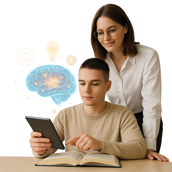 Educadora apoiando um adolescente em uma atividade digital, com ícones de cérebro, olho e ideia ao redor