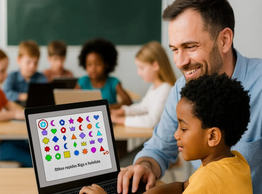 Professor e criança sorrindo diante de um jogo de atenção visual com formas coloridas em uma sala de aula