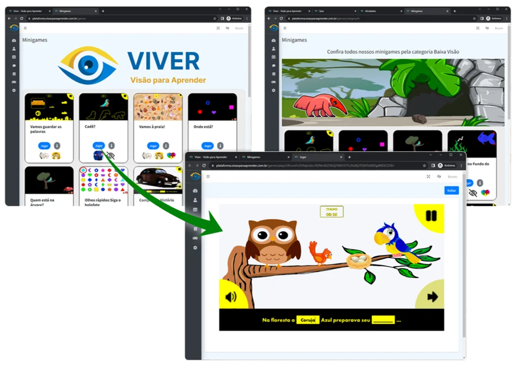 Telas da plataforma Visão para Aprender exibindo jogos e minigames educativos